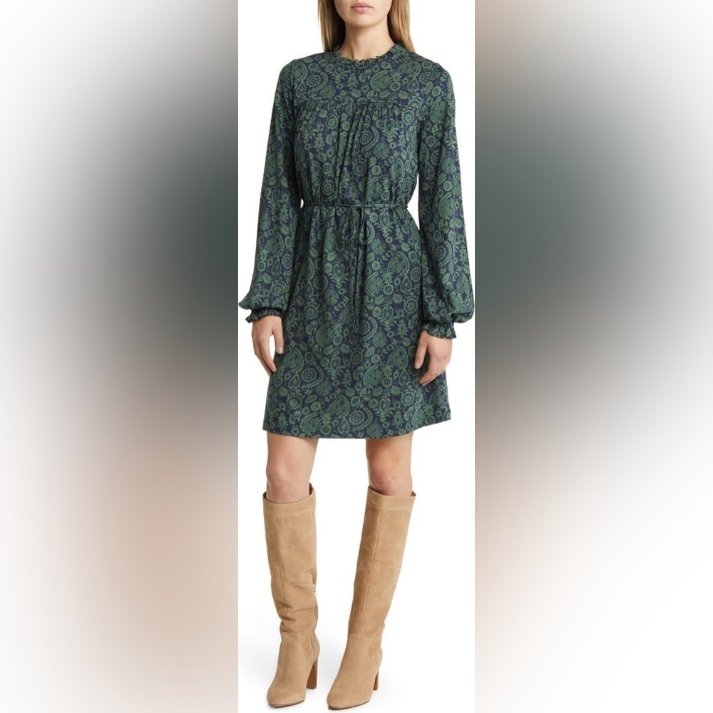 Boden Paisley Print Long Sleeve Belted Dress, Broad Bean Charm, Size 8, NWT